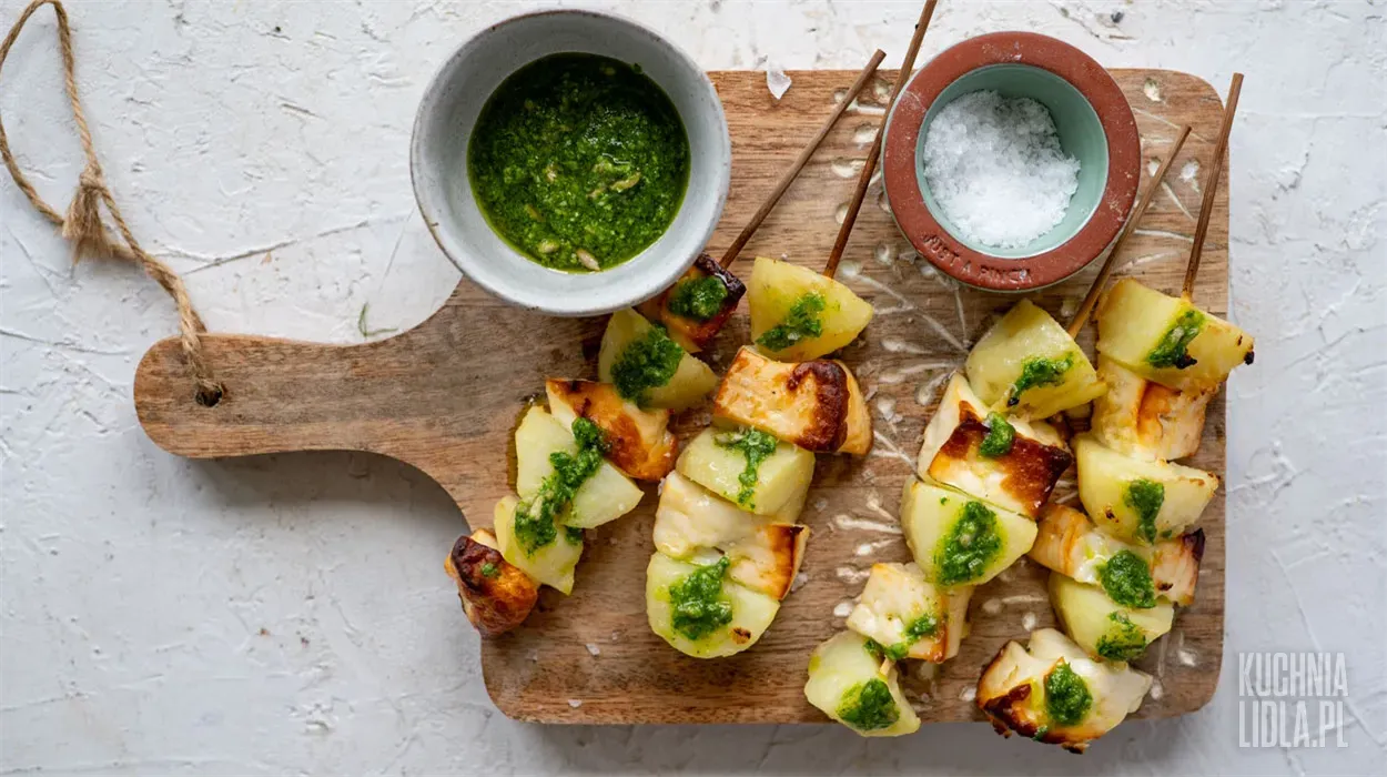 Szaszłyki z młodych ziemniaków i halloumi